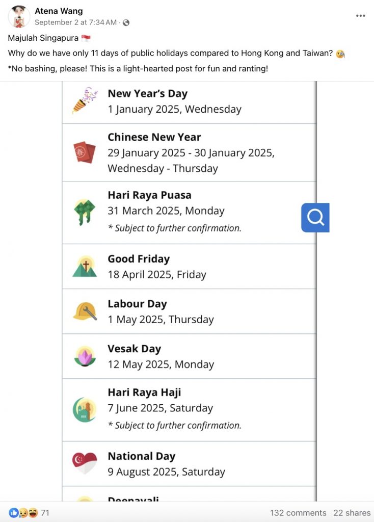 Singaporean asks, "Why does SG only have 11 public holidays compared to